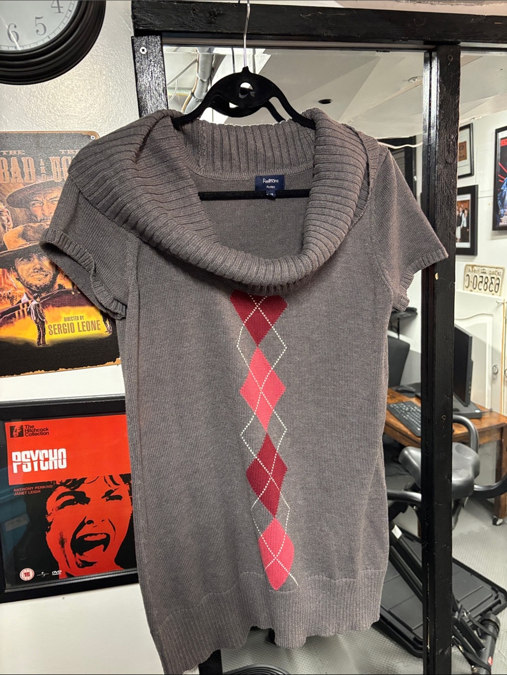 Reitmans Gray Short-Sleeve Cowl Neck Sweater with Pink Argyle